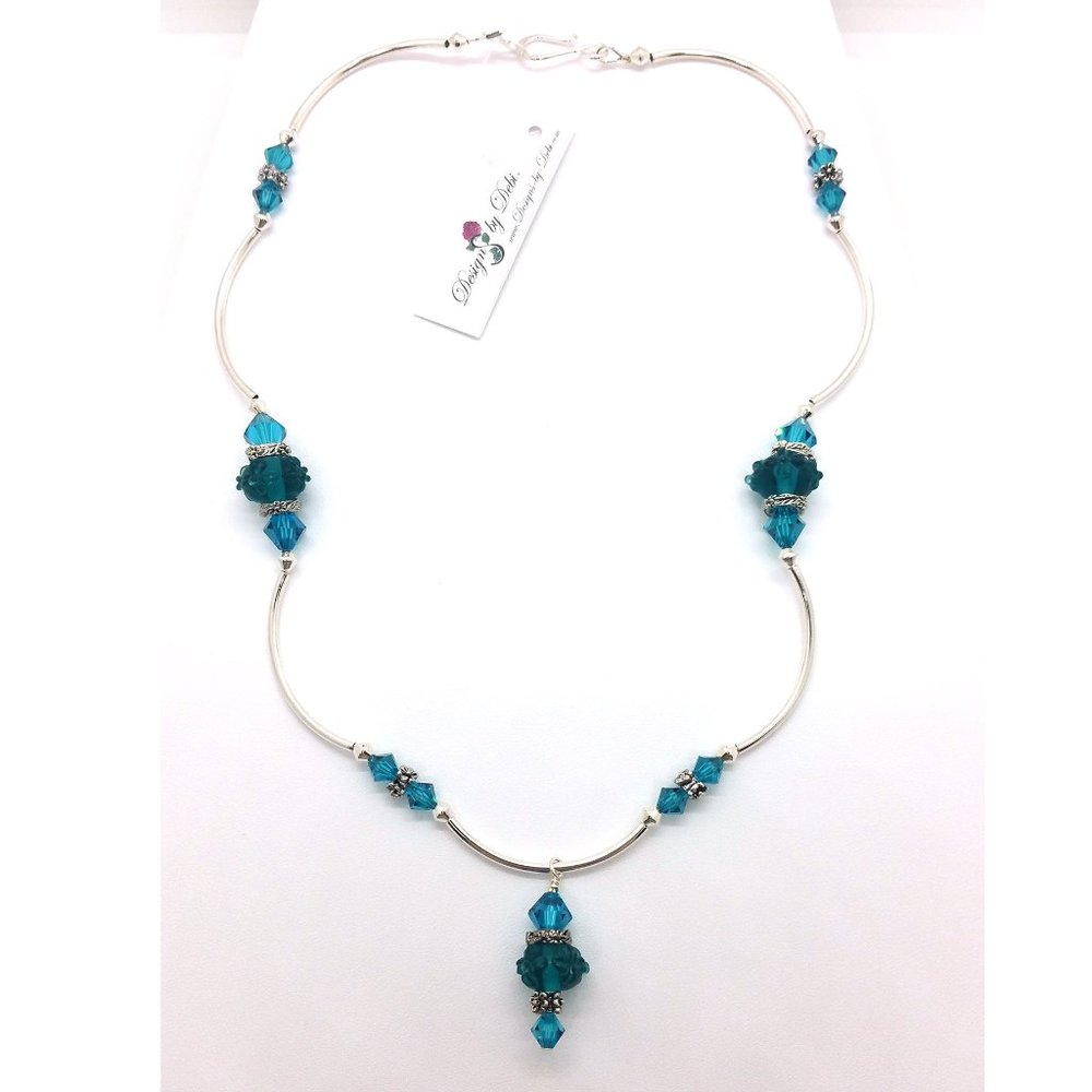 Blue Zircon Glass & Crystal Floral Necklace